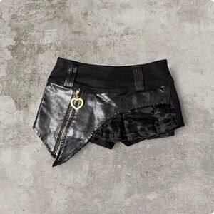 Black Asymmetrical Leather Panel Micro Shorts XS Rave Grunge Festival